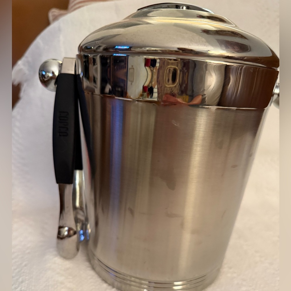 COPCO Vtg Mid Century Modern Stainless Ice Bucket Bar Shiny Chrome Lid Tongs - Picture 4 of 10
